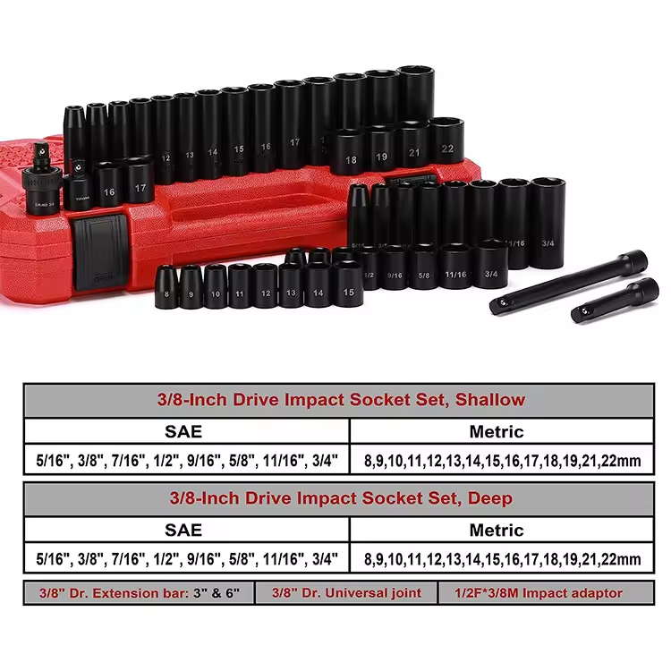 48Pcs CR-V Socket Set SAE&Metric 6-Point Professional Tool Combination Impact Set Ratchet Socket Kit Hardware Bit Wrench Car