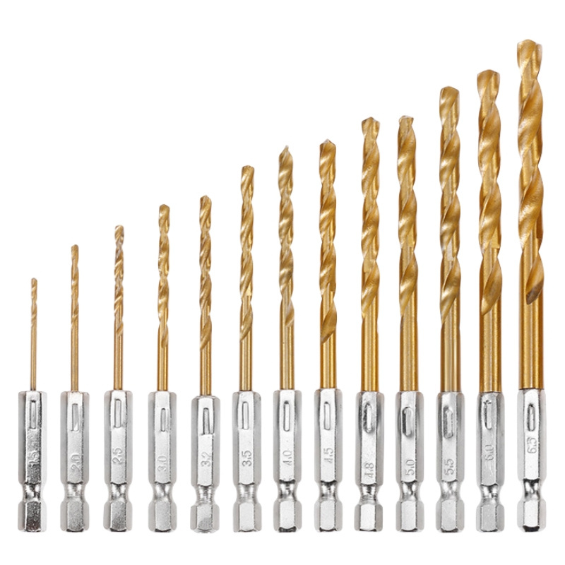 Set Of 13pcs High Speed Steel Titanium Plated Twist Drill Bit Set Hexagonal Handle Drills Electric Hand Drill Bits 1.5 to 6.5mm