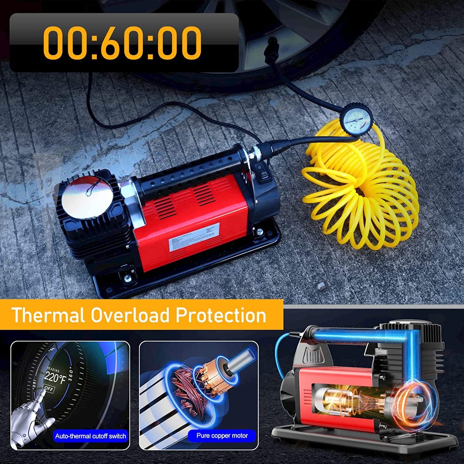 12V Air Compressor Heavy Duty Offroad Tire Inflator 150PSI 160L/Min Portable Air Compressor for Truck Tires SUV 4x4 Vehicle