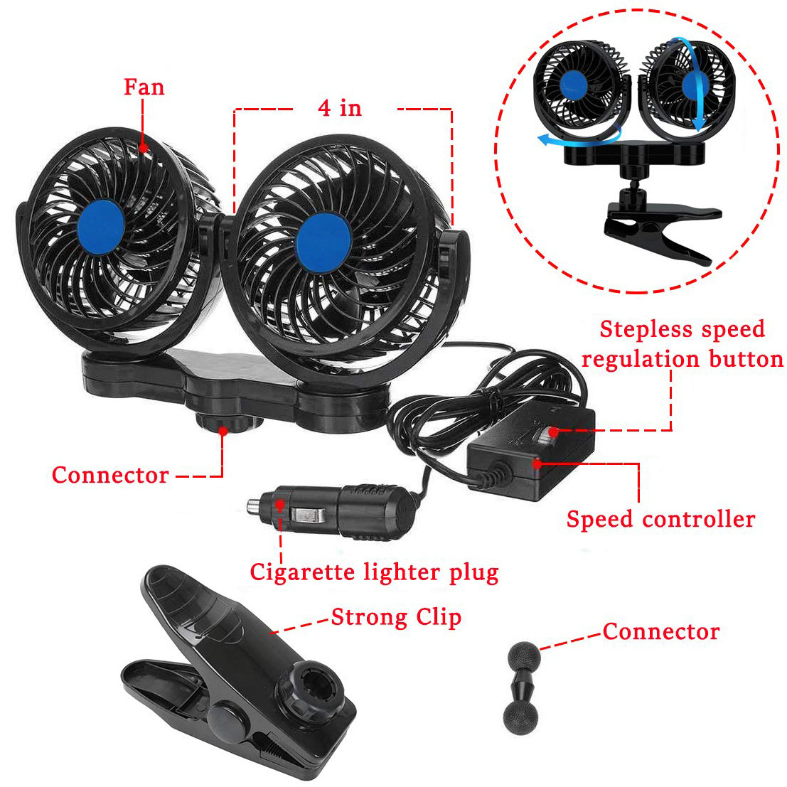 360 degree Rotatable Cooling Fan with Cigarette Lighter Plug for car