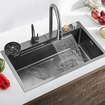 Waterfall rainfall single bowl kitchen sink set Multifunction 304 stainless steel kitchen sink faucet modern black kitchen sinks