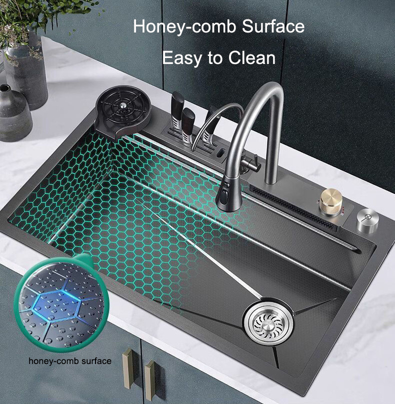 Handmade Pull Out multifunction 304 stainless steel Waterfall kitchen sink with Knife Rack