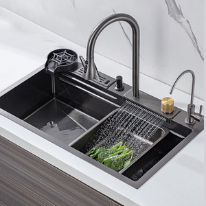 Handmade Pull Out multifunction 304 stainless steel Waterfall kitchen sink with Knife Rack