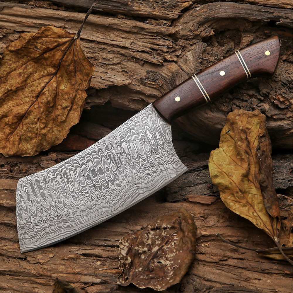 Serbian Full Tang Chef Cleaver Chopper Handmade Damascus Chef Kitchen Knife Rose Wood Leather Sheath Anniversary Gift Outdoor Ch