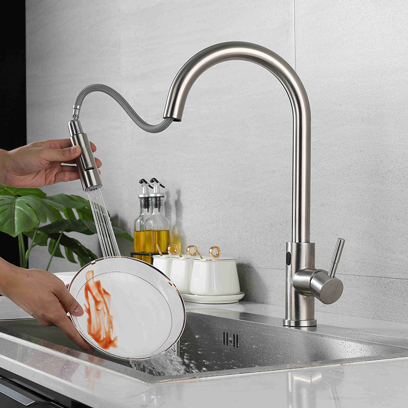 Sensor Kitchen Faucets Touchless Motion Activated Sensitive Water Tap Pull-down Sink Faucet Stainless Steel Brushed Silver