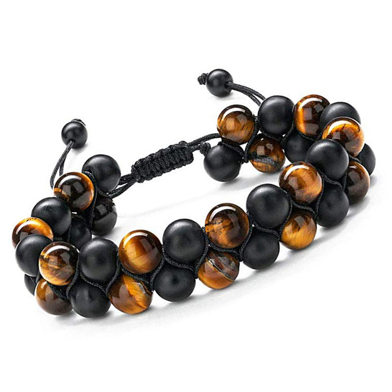 Wholesale 2022 8mm Natural Tiger Eye Stone Onyx Double Layer Braided Beaded Bracelet Adjustable Men's Punk Gift Jewelry