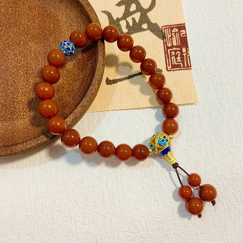 New Chinese Style Cloisonne  Natural Red Agate Beaded Bracelet Vintage Lucky Jewelry Natural Stone Beaded Bracelet for Women