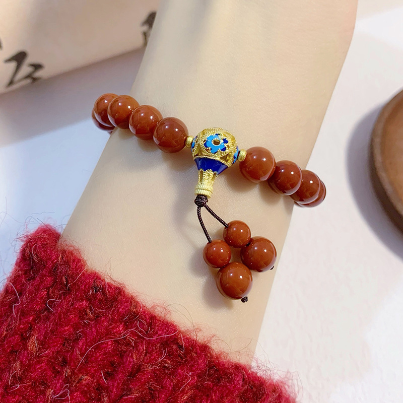 New Chinese Style Cloisonne  Natural Red Agate Beaded Bracelet Vintage Lucky Jewelry Natural Stone Beaded Bracelet for Women