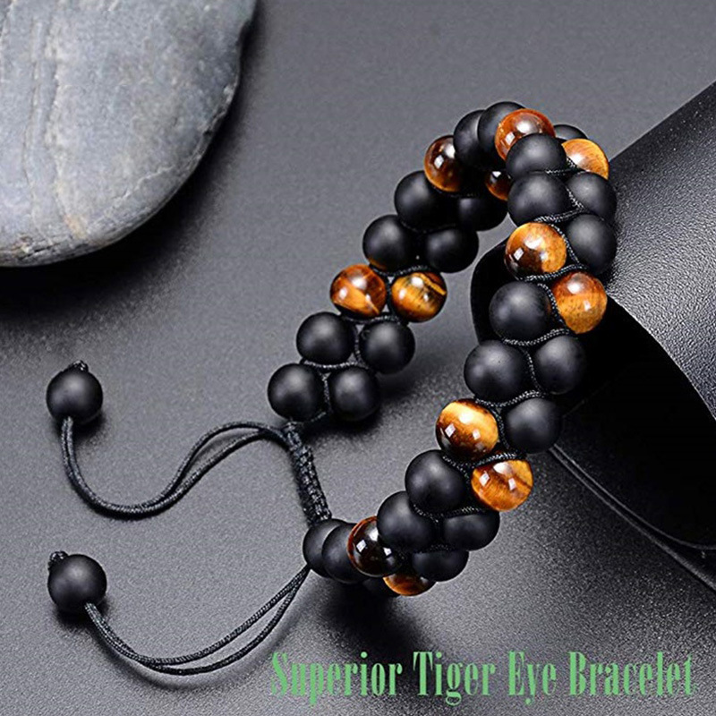 Wholesale 2022 8mm Natural Tiger Eye Stone Onyx Double Layer Braided Beaded Bracelet Adjustable Men's Punk Gift Jewelry