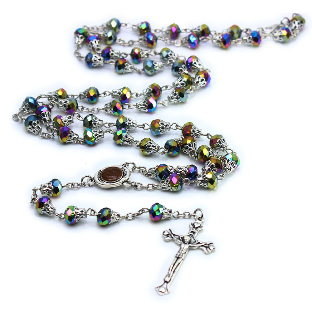 Wholesale Crystal Rosary With Box Jerusalem Catholic Christian Jesus Cross Necklace Religious Jewelry Gift Women Necklaces