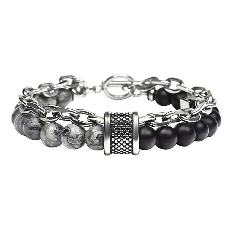 New Fashion Design Handmade Jewellery  Natural Map Lava Stone Beads  Bracelet Men Stainless Steel Bracelet For Men men custom br