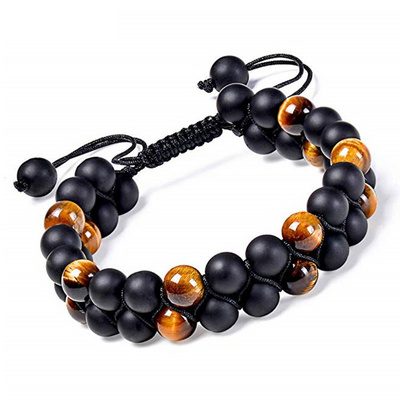 Wholesale 2022 8mm Natural Tiger Eye Stone Onyx Double Layer Braided Beaded Bracelet Adjustable Men's Punk Gift Jewelry