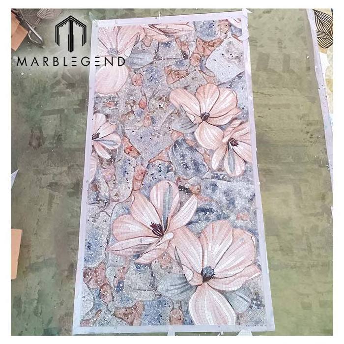 Pink flower mural art marble mosaic bedroom background wall customized glass mosaic tiles