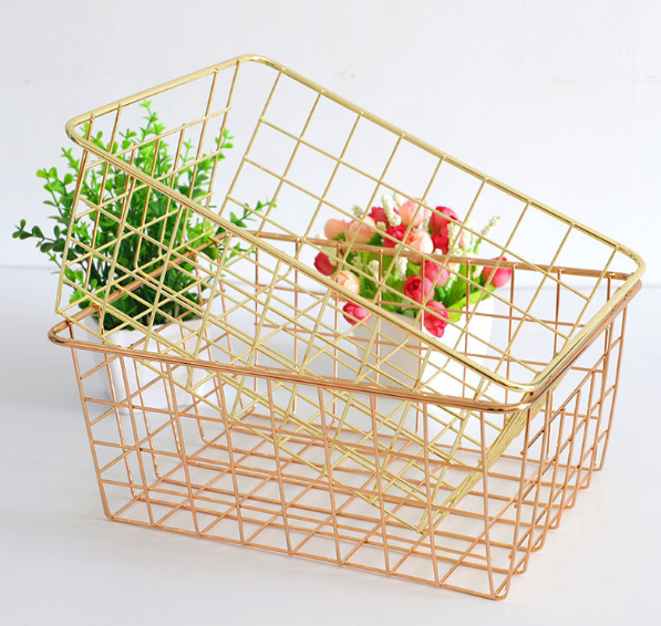 Factory Wholesale Stainless Steel 304 Carbon Steel Metal Iron wire basket Rose Gold Storage Basket For Furniture Items Storage