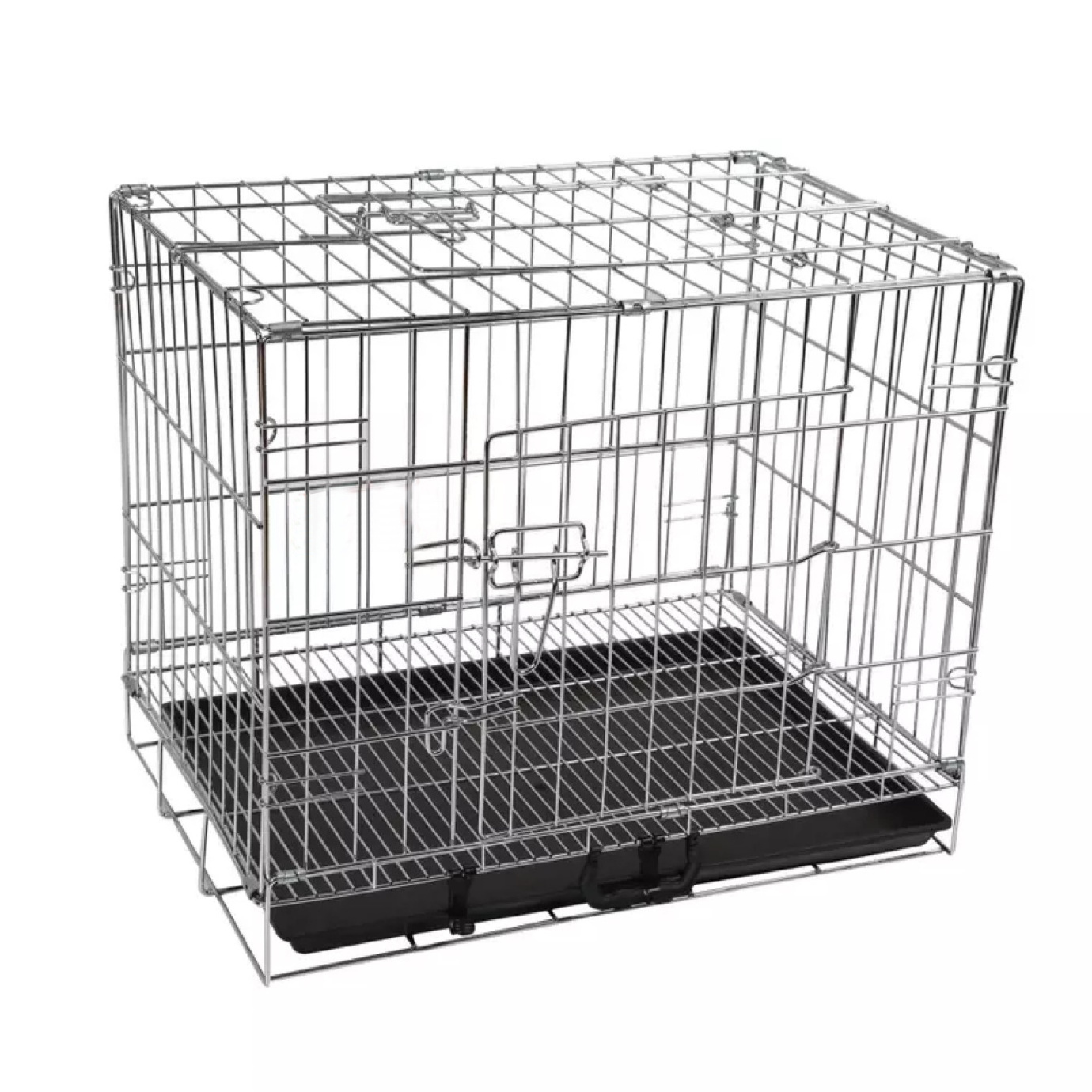 Dog Crate Kennel Folding Metal Pet Cage 2 Door With Tray Pan Black