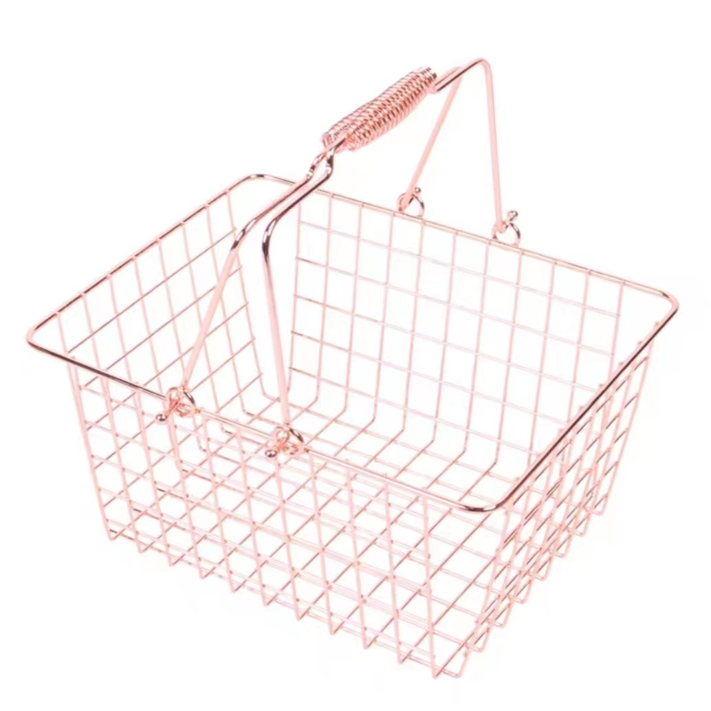 hot sale black golden silver rose gold metal wire mesh storage shopping small basket for daily chemical gift snack make-up shop