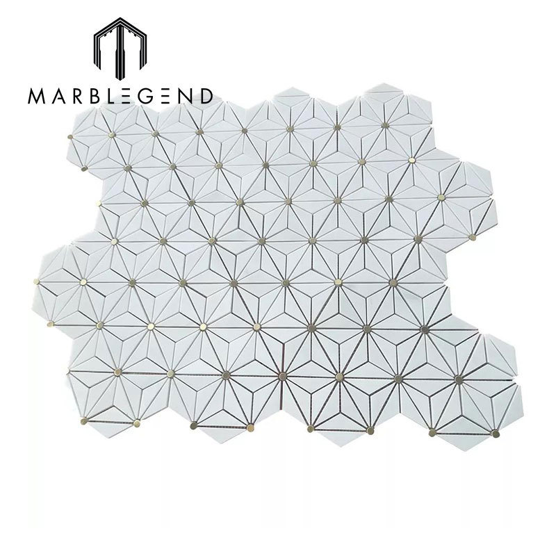 Waterjet Stone Mosaic Triangle Hexagon Dolomite Brass White Marble Mosaic Floor and Wall Tiles for sale