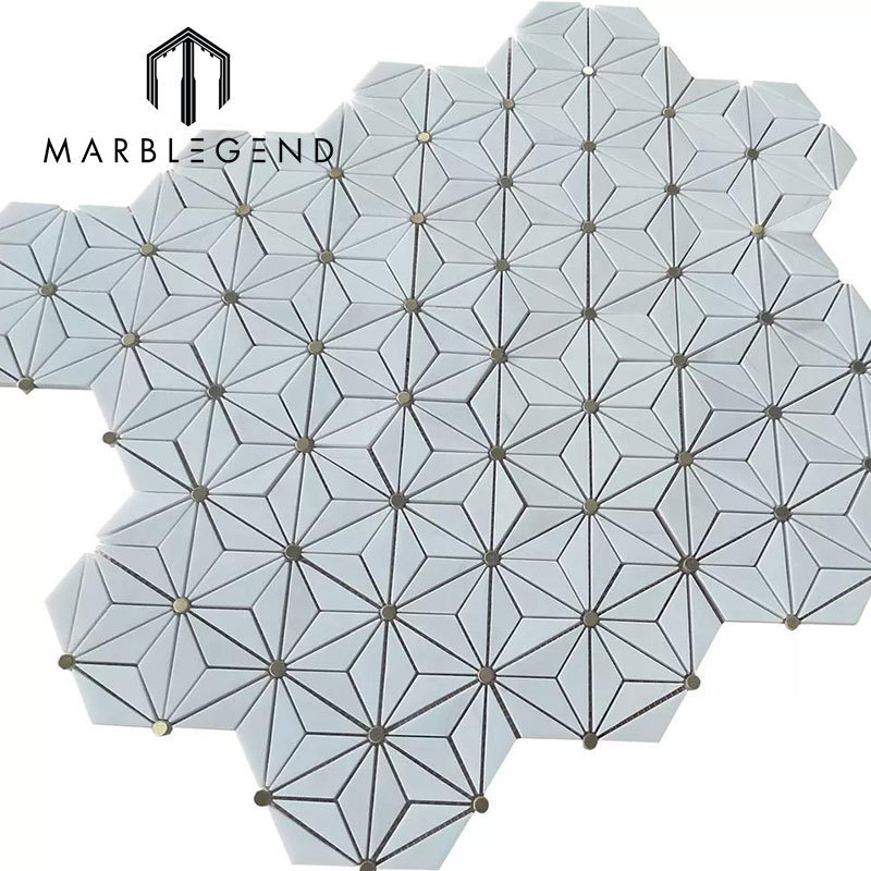 Waterjet Stone Mosaic Triangle Hexagon Dolomite Brass White Marble Mosaic Floor and Wall Tiles for sale