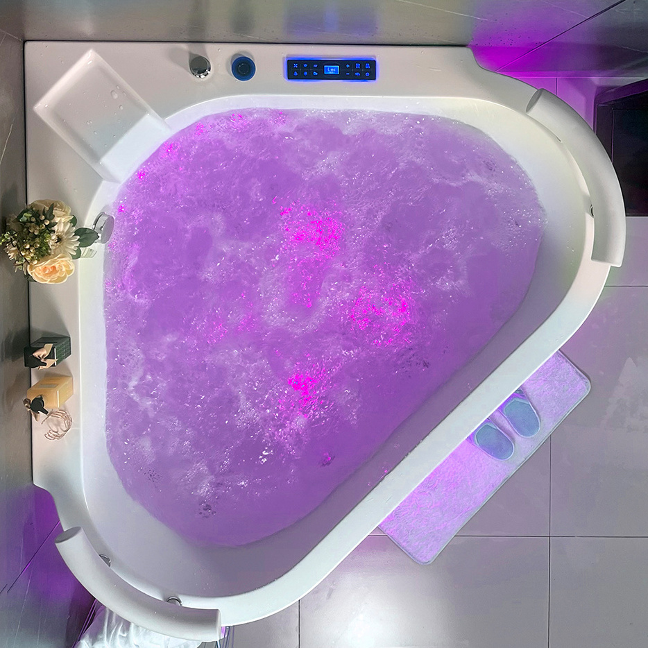 2 Person Surfing Design Freestanding Corner Air Jet Bubble Acrylic Corner Hydro Soaking Tub Spa Glass Massage Whirlpool Bathtub