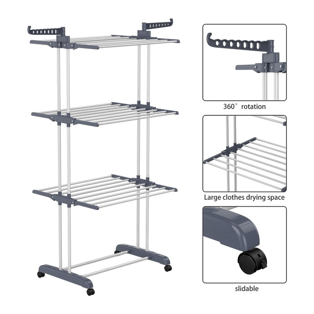 PF-091903 Foldable Stainless Steel Drying Rack Clothing, Movable Drying Rack with 4 castors, Grey