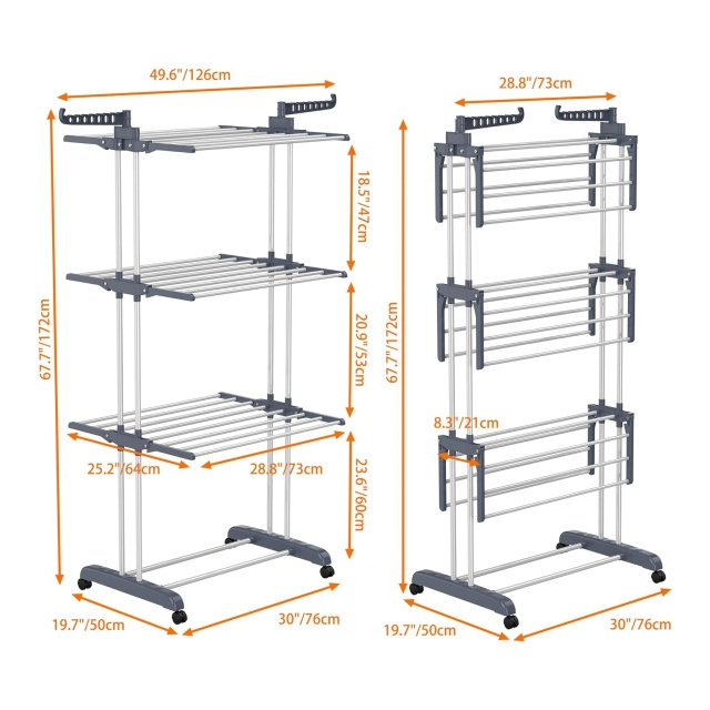 PF-091903 Foldable Stainless Steel Drying Rack Clothing, Movable Drying Rack with 4 castors, Grey