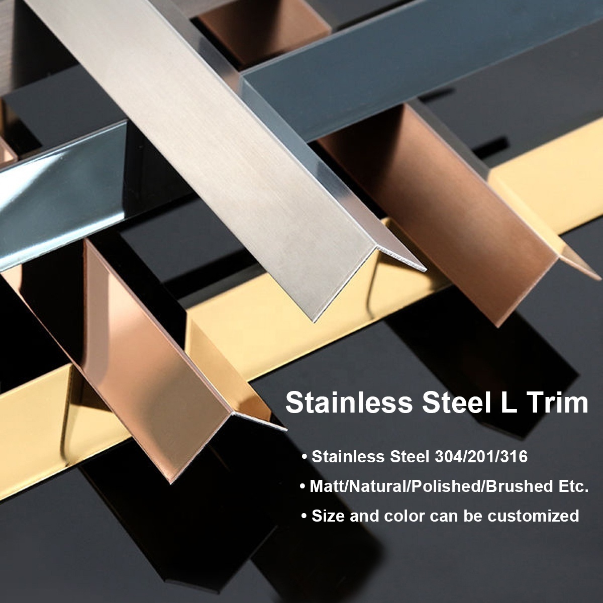 Hot Sale 201 304 Mirror Brushed Stainless Steel Edging Trim L Shaped Tile Trim For Flooring Wall Trim