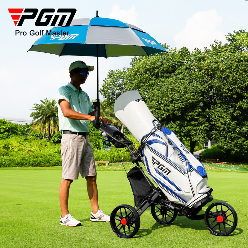 PGM QC007 3 wheel foldable golf push cart golf trolleys with seat ice packs umbrella holder