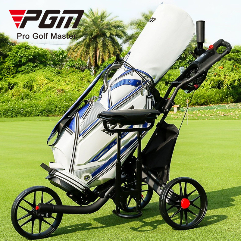 PGM QC007 3 wheel foldable golf push cart golf trolleys with seat ice packs umbrella holder