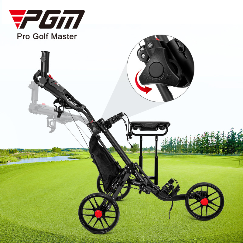 PGM QC007 3 wheel foldable golf push cart golf trolleys with seat ice packs umbrella holder