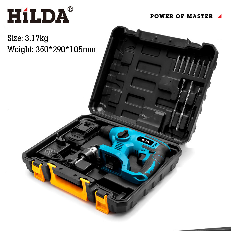 Factory Hilda 21V Cordless Power Tools 26mm Lithium Electric Hammer Drill Kits For Concrete Wood Drilling Impact Drill Set