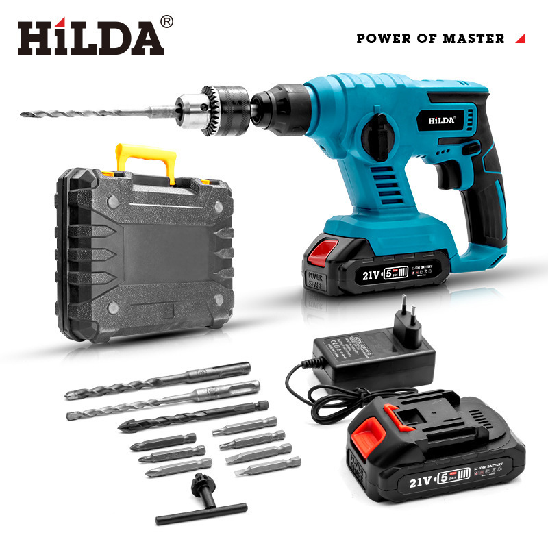 Factory Hilda 21V Cordless Power Tools 26mm Lithium Electric Hammer Drill Kits For Concrete Wood Drilling Impact Drill Set