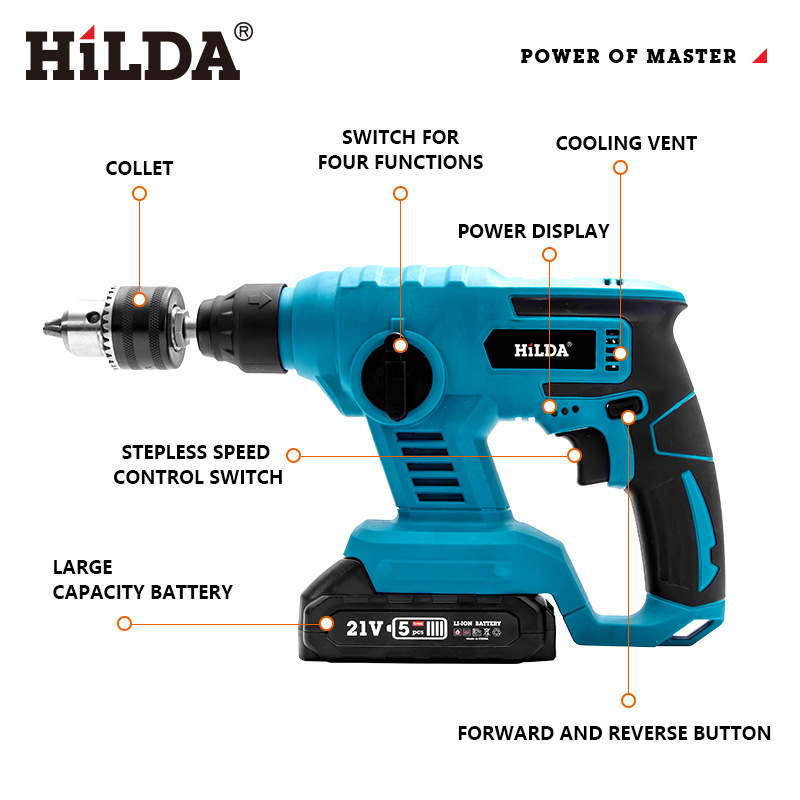 Factory Hilda 21V Cordless Power Tools 26mm Lithium Electric Hammer Drill Kits For Concrete Wood Drilling Impact Drill Set