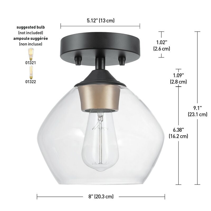 Luminous LED Single Light Simple Dome Semi-Flush Mount With Glass Shade Ceiling Light For Kitchen Living And Dining Room