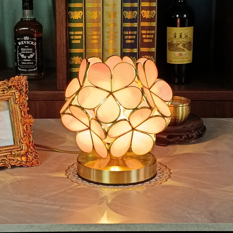 Cherry Blossom Style Stained Glass Petal Vintage Brass Base, Antique Desk Lamp, Tiffany Flower Lampshade Table Lamp