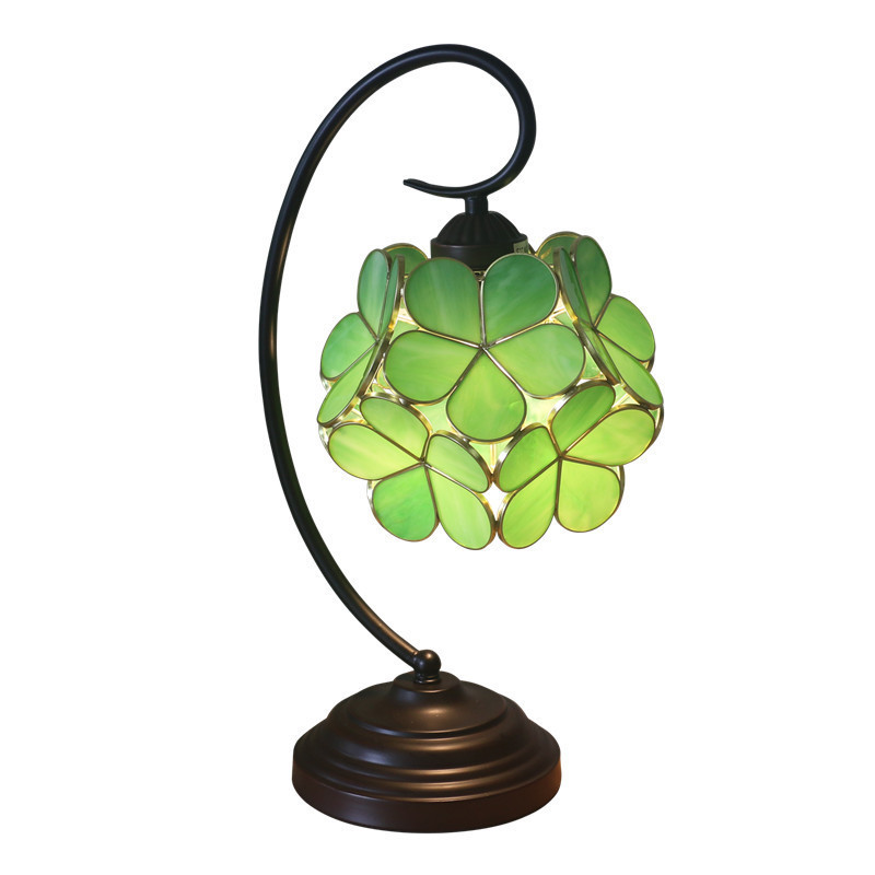 Cherry Blossom Style Stained Glass Petal Vintage Brass Base, Antique Desk Lamp, Tiffany Flower Lampshade Table Lamp