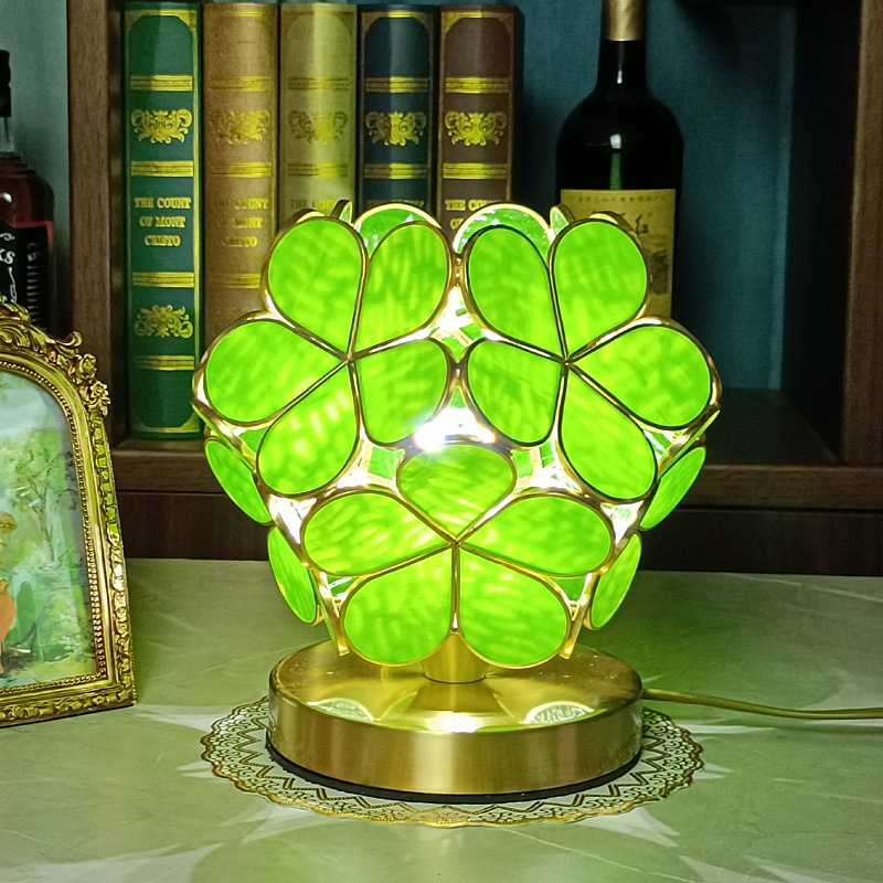 Cherry Blossom Style Stained Glass Petal Vintage Brass Base, Antique Desk Lamp, Tiffany Flower Lampshade Table Lamp