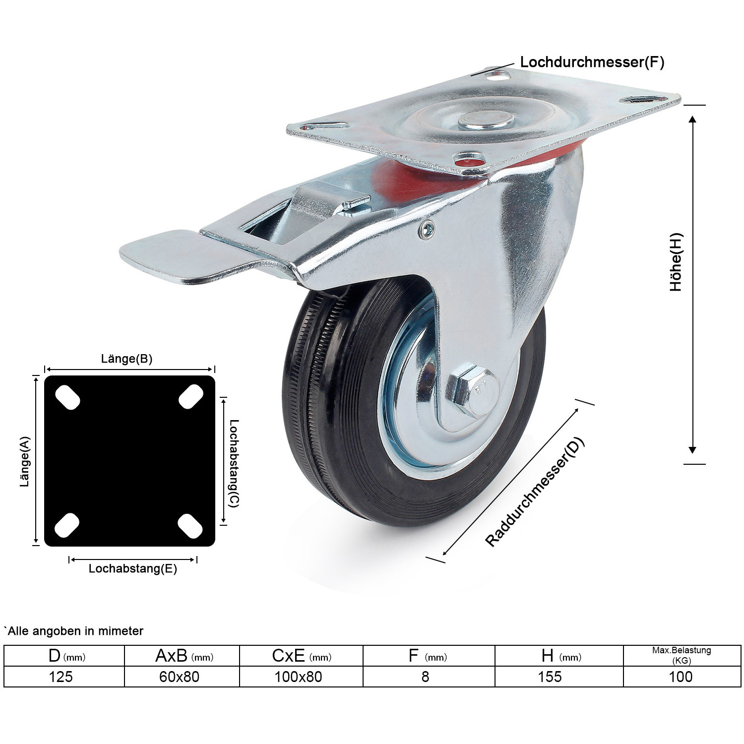 PH058 Heavy Duty 125mm 5 Inch Furniture Casters with 2 brake 100KG Chair Sofa Trolley Swivel Castors Cabinet Rubber Wheels