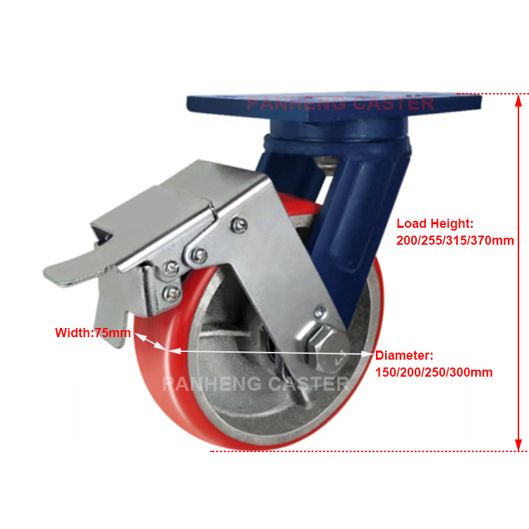 Super heavy duty casters blue bracket iron core PU casters 4 inch 5 inch 6 inch 8 inch large load universal wheel