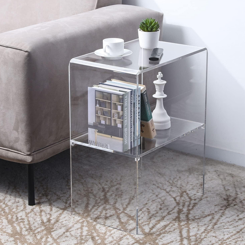 bespoke 24 inches tall OEM premium clear acrylic living room end corner table with 2 open shelves for home decor