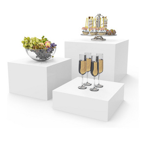 bespoke 3pcs set white acrylic buffet riser food figure display stand pedestal 5-sided nesting cubes