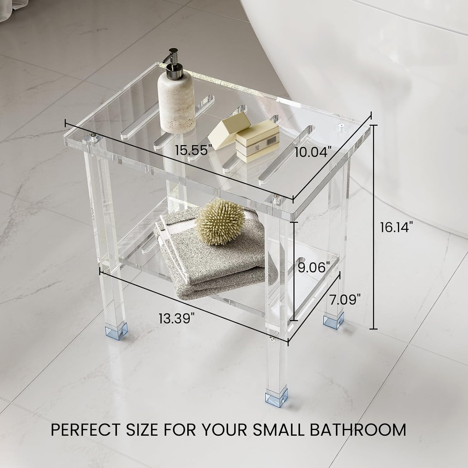 bespoke waterproof heavy duty 2-tier clear acrylic rectangle shower bench with shelf lucite bathroom stool