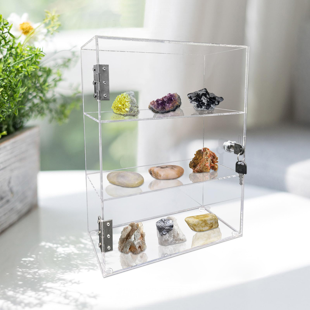 Acrylic Display Case with Key Lock 3 Shelf Assembled Clear Locking Display Case for Figures Rock Collectibles