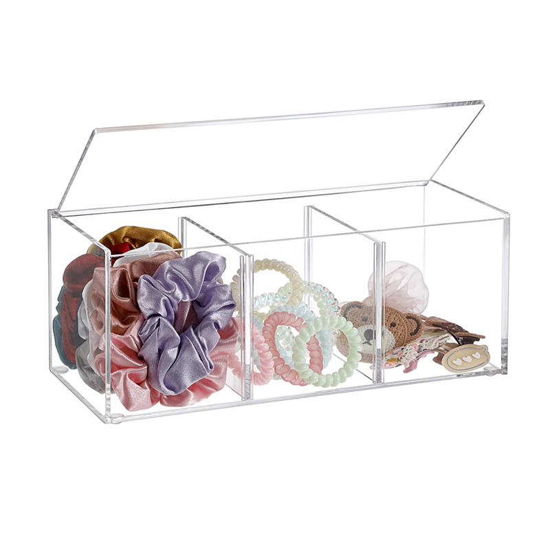 bespoke removable divided clear acrylic vanity desk organizer with 3 slots and lid for hair accessories