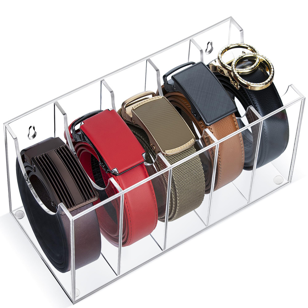 Wall Mount Acrylic Belt Organizer Holder with 5 Grid Belt Storage Box for Closet and Drawer for Belt Tie Watch Cosmetic