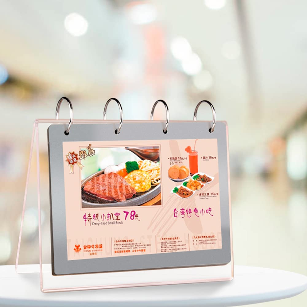 bespoke inverted V-slide clear acrylic flip calendar paper organizer holder with 6 PVC bags sign menu stand