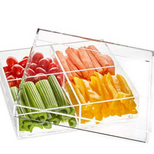 bespoke premium clear acrylic tray with 4 dividers and lid for fruit food lucite BBQ tray