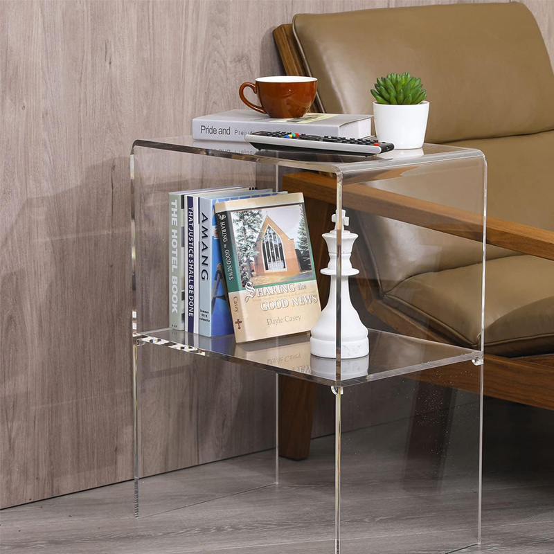 bespoke 24 inches tall OEM premium clear acrylic living room end corner table with 2 open shelves for home decor