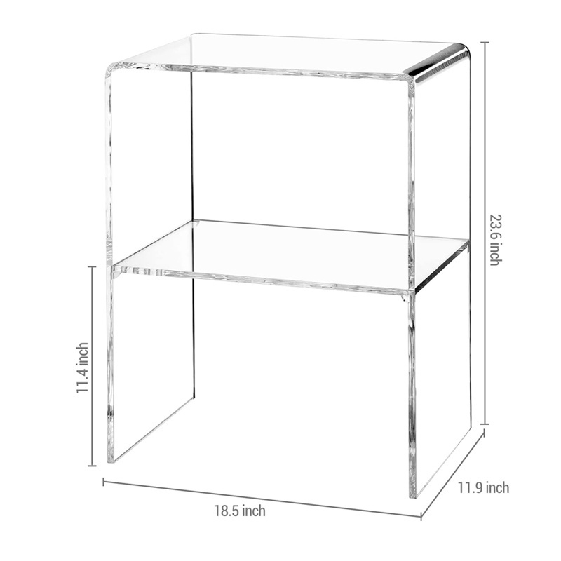 bespoke 24 inches tall OEM premium clear acrylic living room end corner table with 2 open shelves for home decor