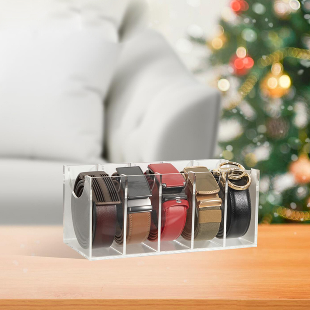 Wall Mount Acrylic Belt Organizer Holder with 5 Grid Belt Storage Box for Closet and Drawer for Belt Tie Watch Cosmetic