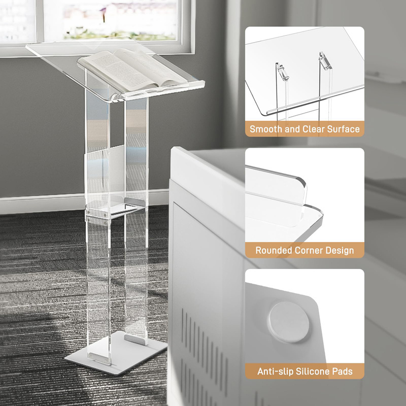 Clear Acrylic Podium Stand with Metal Base  Lucite Lectern Pulpits for Classroom Weddings Churches Speech with Storage Shelf